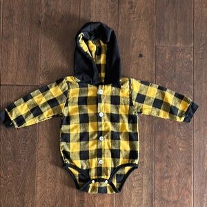 Yellow and Black Plaid Baby Onesie with Hood